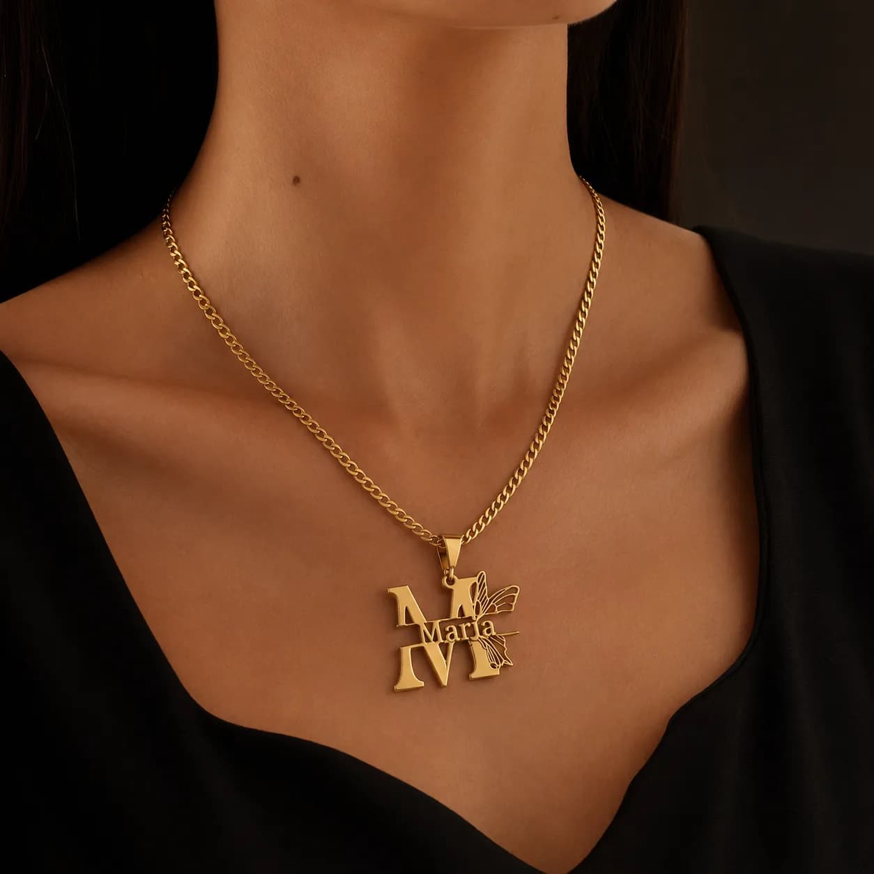 Personalized initial and butterfly necklace - 925 silver, plated with 18k gold