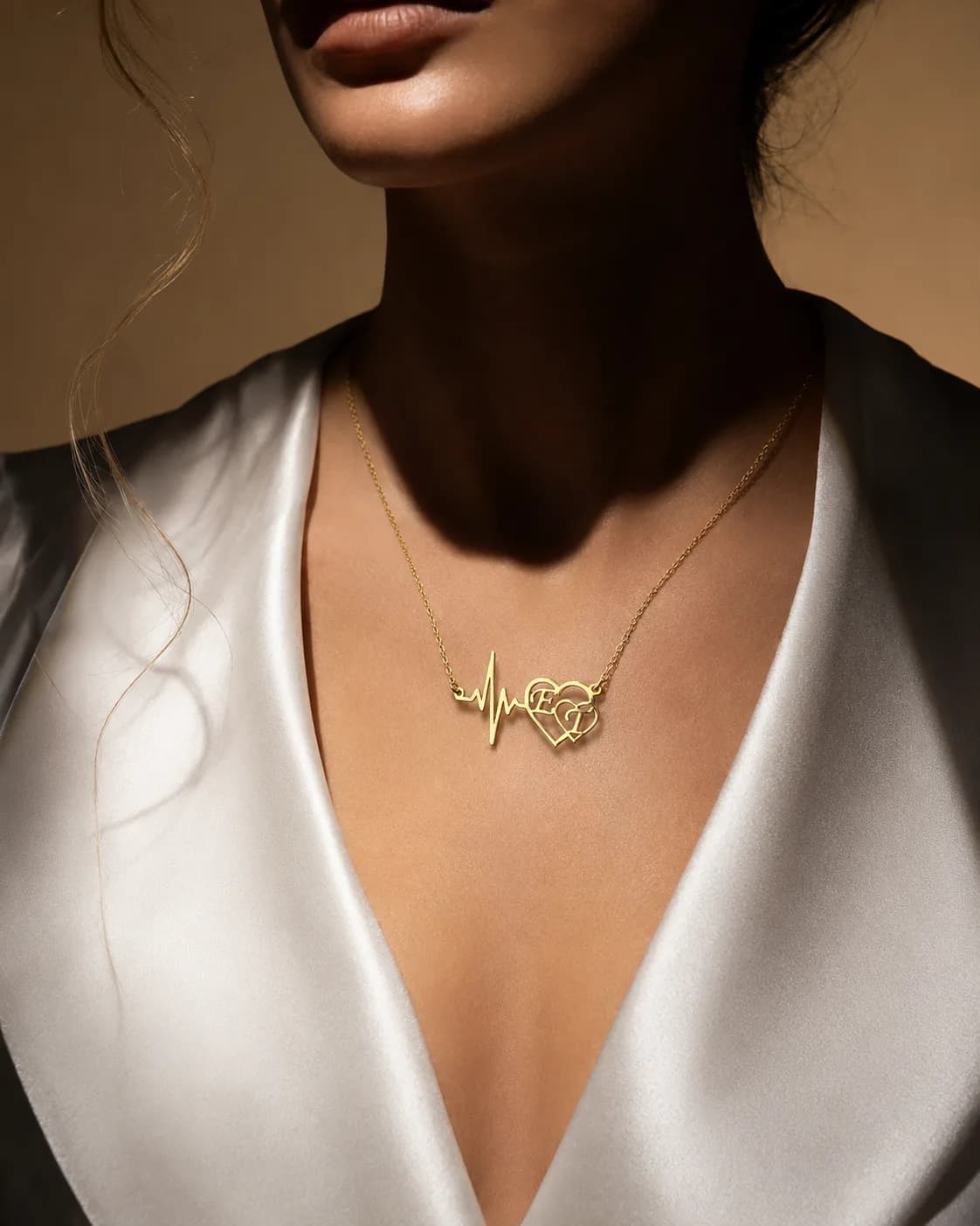 Personalized heartbeat double heart initial necklace - 925 silver, plated with 18k gold
